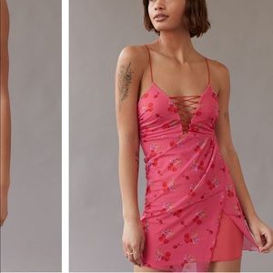 Urban Outfitters UO Bright Side Lace-Up Mini Dress -pink w/ cherries 🍒🌸🍒